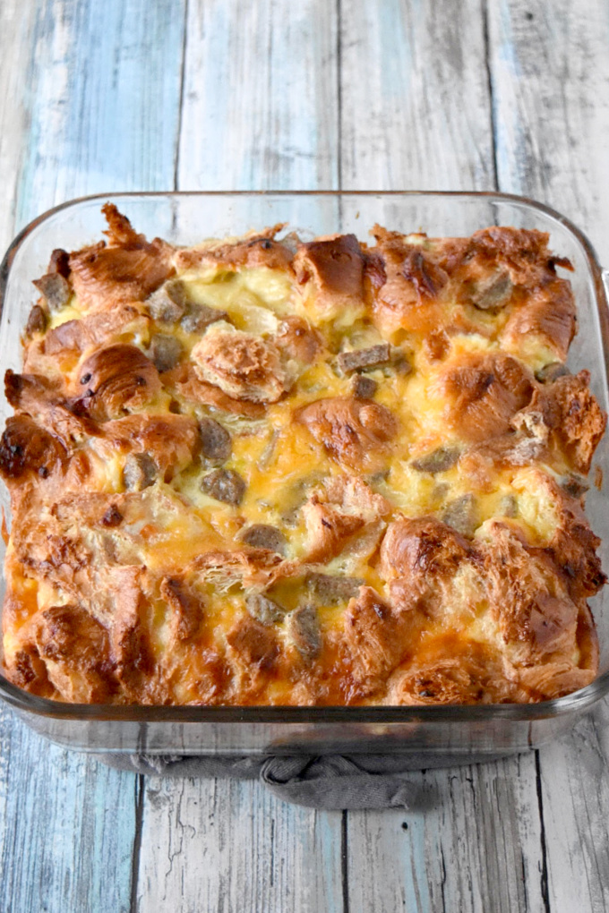 Overnight Croissant Breakfast Casserole has just a few ingredients, comes together easily, can be made ahead, and TASTES AWESOME!