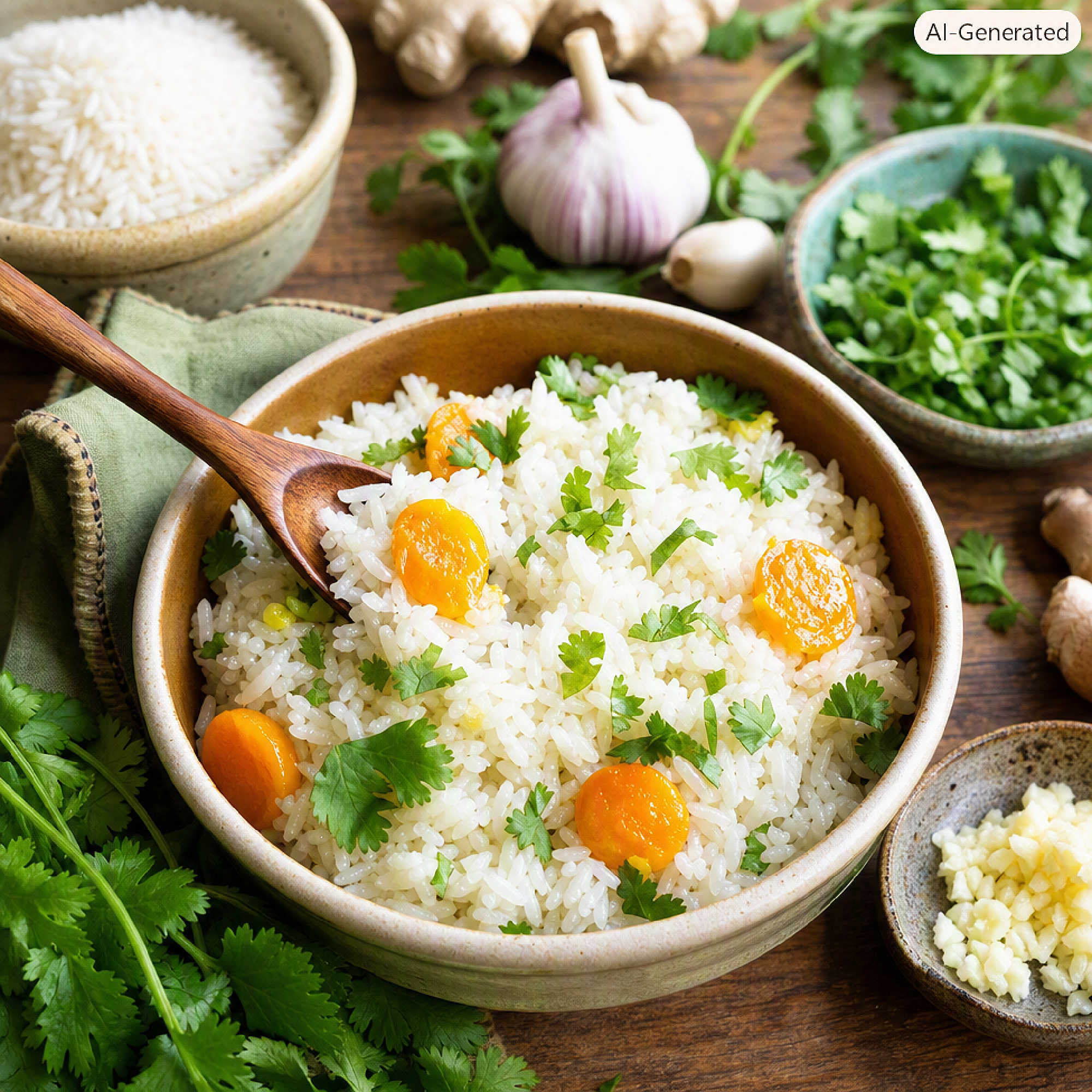 This Garlic and Ginger Rice dish is flavored with the Asian Chicken Stock. The rice stands for 10 minutes so the grains separate and the cilantro flavor permeates the dish. The rice is rinsed three times to get rid of some starch so it won't be sticky when cooked.