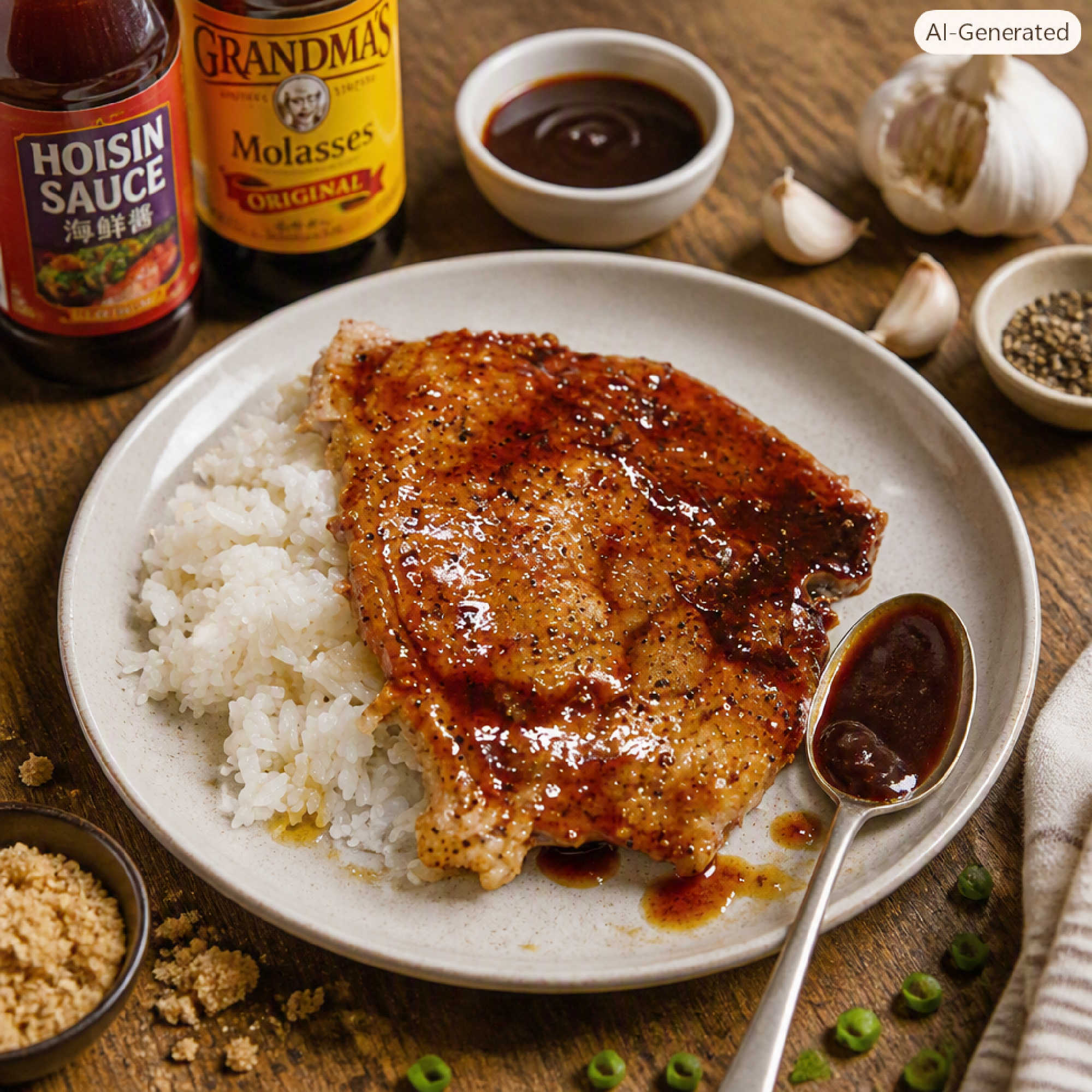 This recipe features grilled boneless pork chops brushed with a homemade hoisin-molasses barbecue sauce and served over hot cooked white rice. The sauce is created by simmering sugar, molasses, hoisin, rice vinegar, soy sauce, and garlic until thickened.