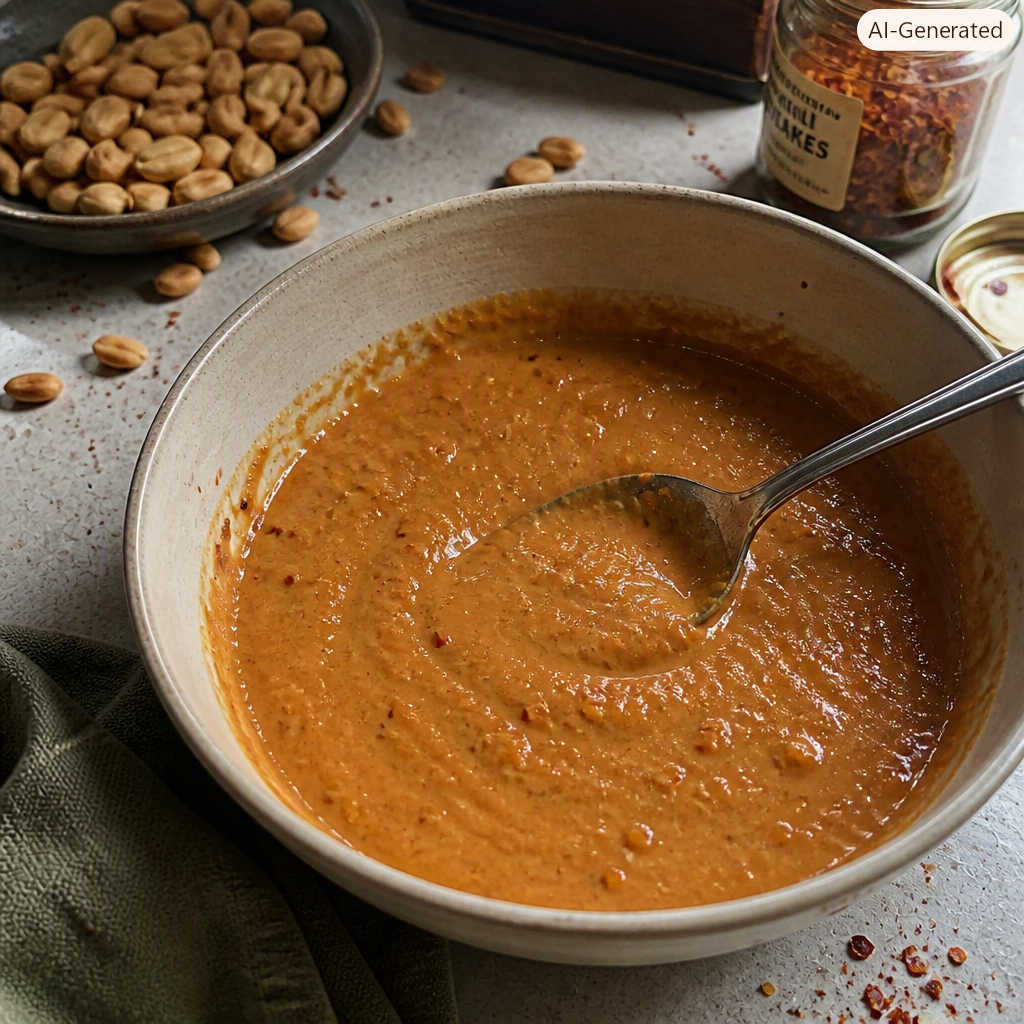 Make this easy, homemade spicy peanut sauce — a creamy, Thai‑inspired blend of peanuts, chili flakes, garlic, and soy for bold flavor in minutes. Perfect for noodles, grilled chicken, or veggie bowls.