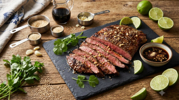 Tender, flavorful Asian Flank Steak marinated in soy, garlic, and sesame for a healthy, Cooking Light–inspired dinner. Perfect for easy weeknight meals — fresh, bold, and ready in minutes.