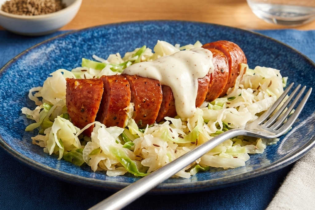 Looking for a quick, comforting dinner packed with deep, savory flavor? This classic pairing features juicy pan-seared smoked sausage layered over a hearty bed of tangy, tender braised cabbage. #SausageRecipes #ComfortFood #EasyDinner #MealPrep #WeeknightMeals #RusticCooking