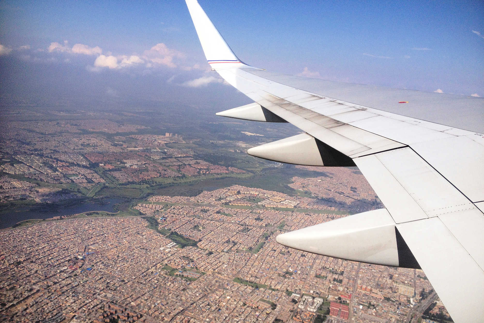 Bogota Colombia from the air through a plane window