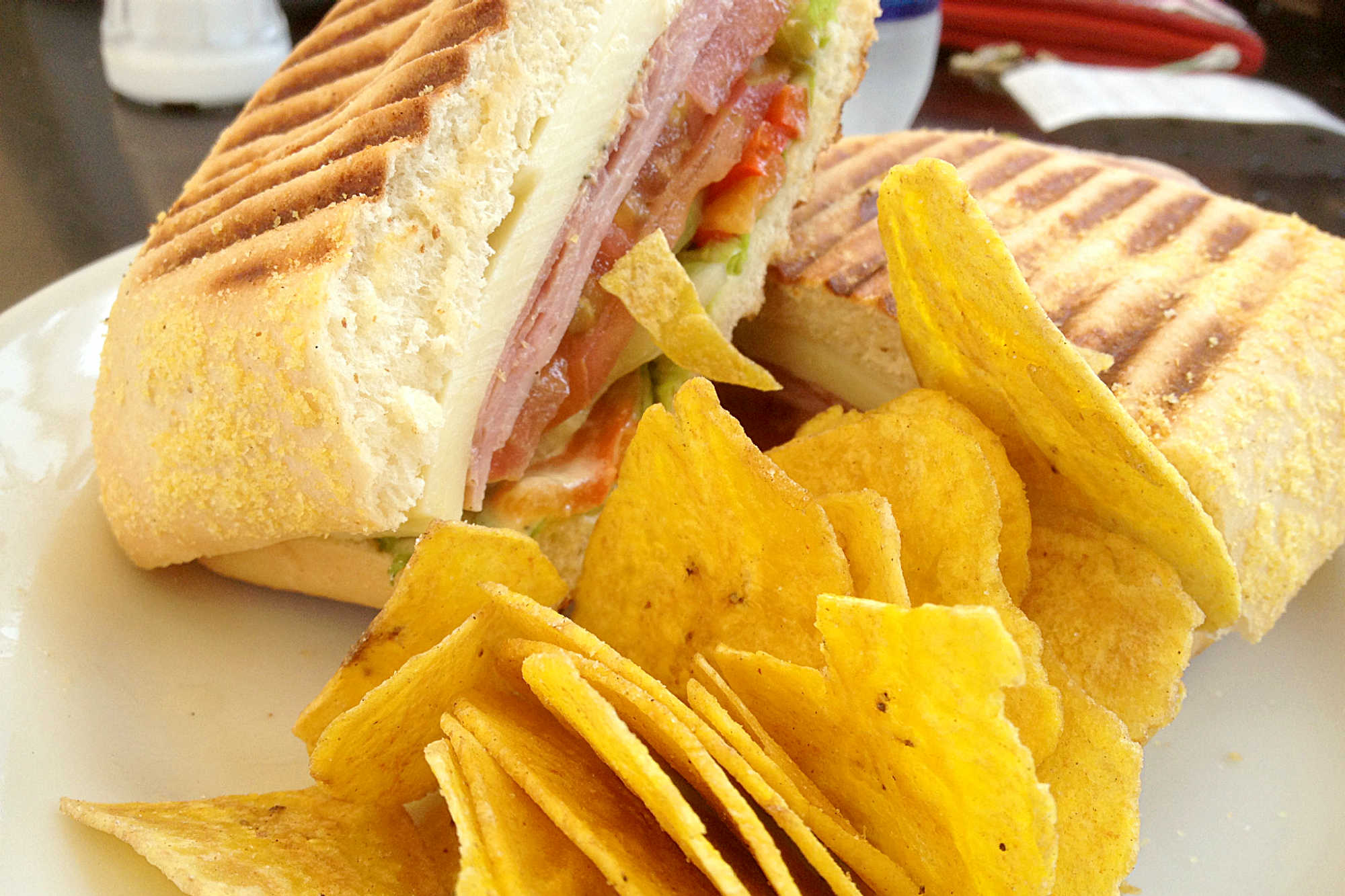 Panini sandwich with plaintain chips from the Embassy cafeteria in Bogota Colombia