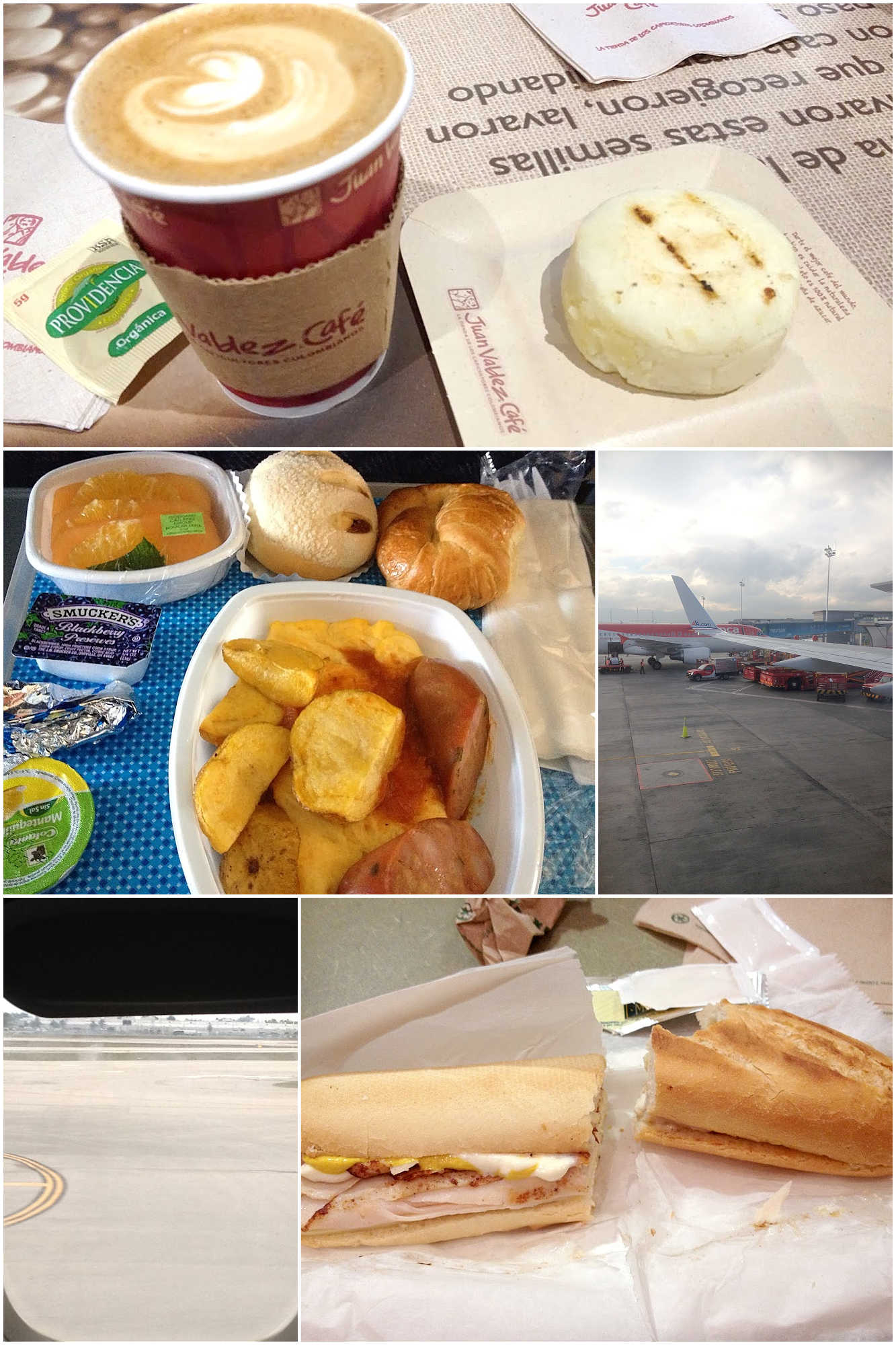 Homeward bound but in an oh crap my alarm didn't go off kind of way.  Arepas and Juan Valdez, weird airplane breakfast, and delicious toasted sandwich for lunch.  I'm ready to go home! 