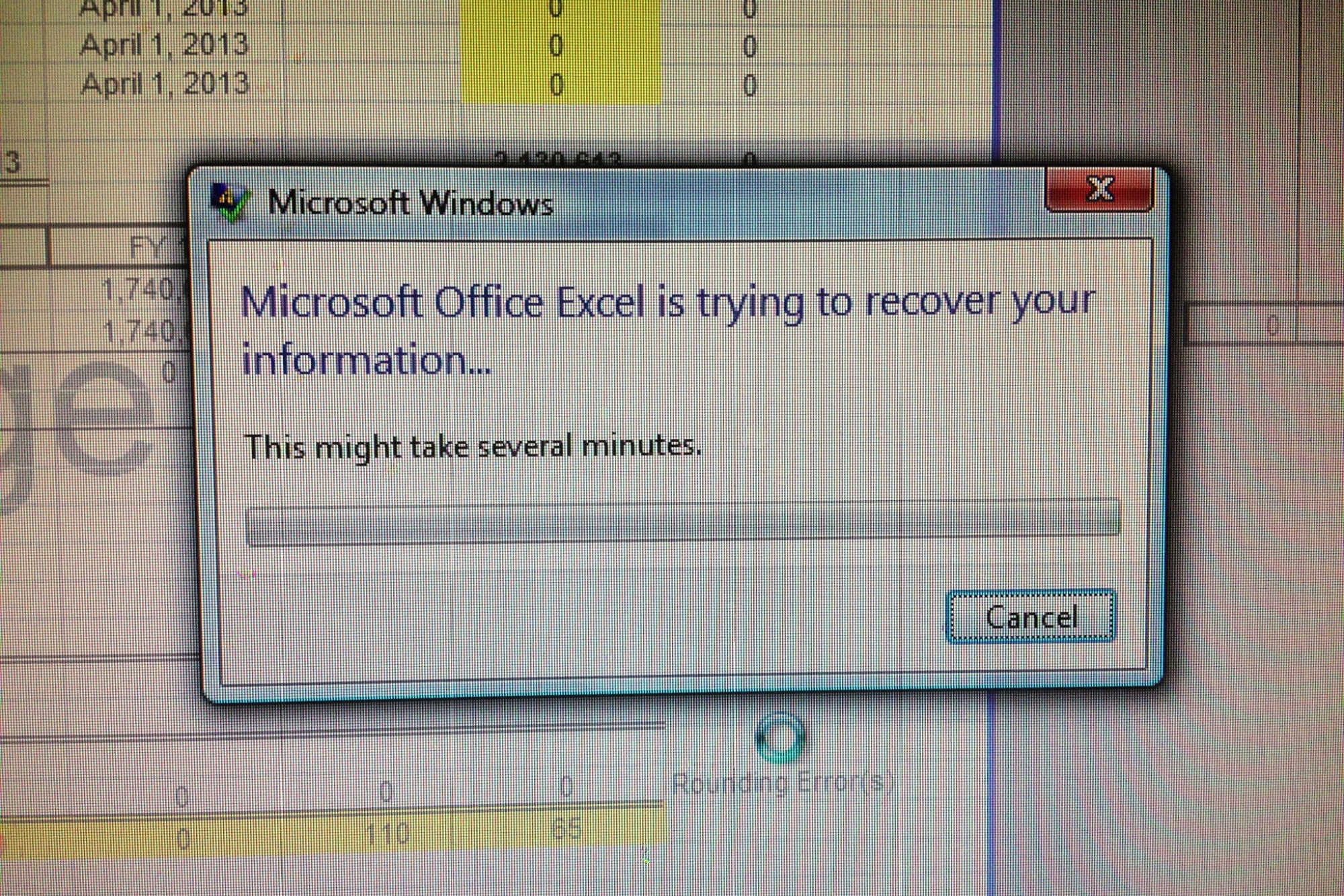 Excel error message on computer screen