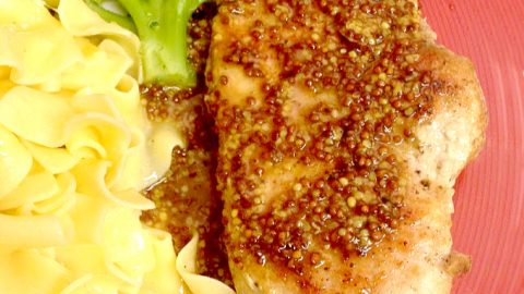I was going to make honey mustard chicken breasts, but we need the chicken for salad this week.  So, I made Pork Chops with Honey Mustard Pan Sauce instead!
