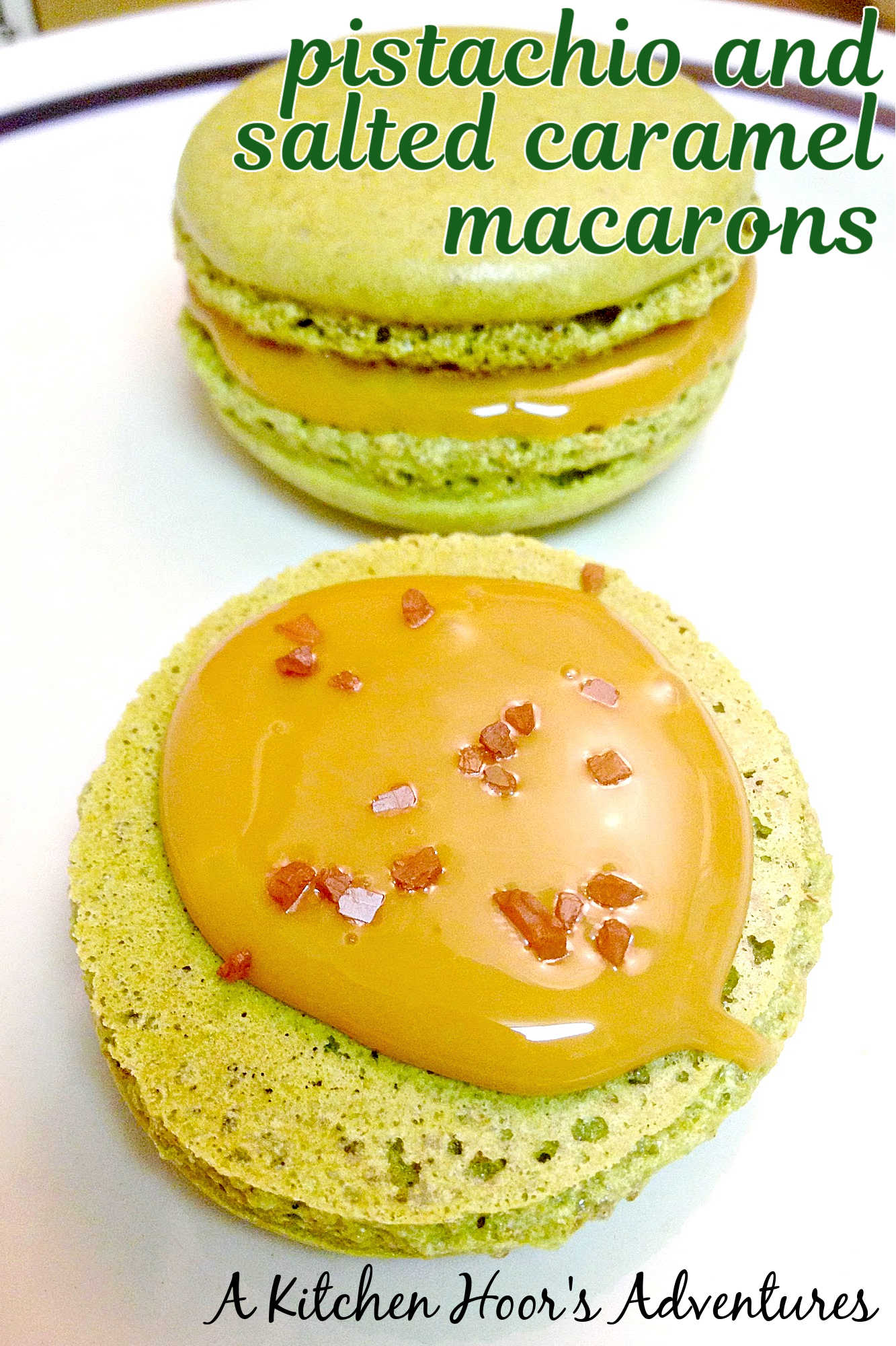 Rich pistachios pair with creamy, salted caramel in these irresistible Pistachio and Salted Caramel Macaron. #MacaronMondays #PistachioPerfection #SaltedCaramelCravings #FrenchPastryLove #DeliciousDupes
