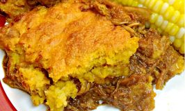 Southern style cornbread tops sweet and spicy barbecue chicken. Cornbread Crusted Barbecue Chicken Pie is easy to make and tastes like the south on a plate.