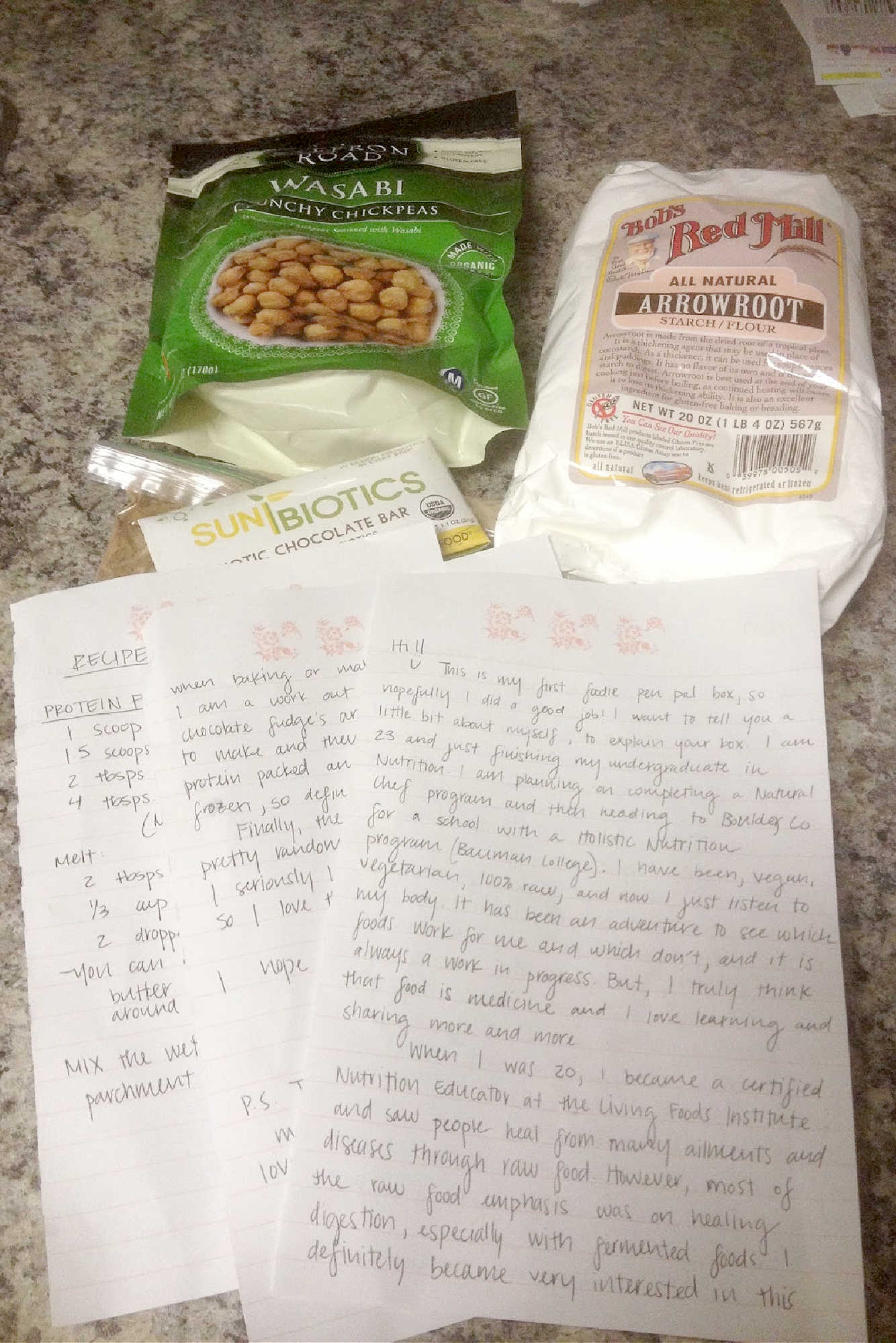 Arrow root powder, chickpeas, and probiotic chocolate
