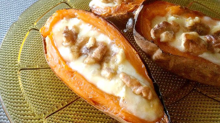 Turn sweet potatoes into a savory treat with this easy-to-follow sweet potato skins recipe. Ready in no time and sure to please a crowd. #sweetpotatoskins #healthyeats #vegetarianrecipes #foodporn #igfood
