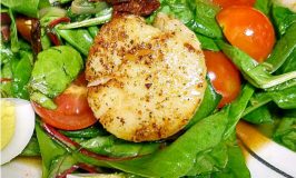 A wilted spinach salad gets a makeover with the addition of pan seared scallops. BLTS Salad has the sweet and sour of the wilted lettuce salad with tangy tomatoes, salty bacon, and sweet scallops. It’s a great dinner salad for any night of the week.