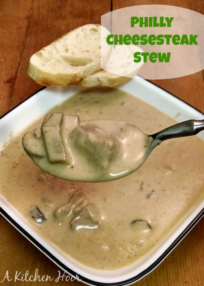 I ate it all and wanted to lick to bowl. This Philly Cheese Steak Stew is THAT good! Grab some bread so you can wipe the bowl clean.