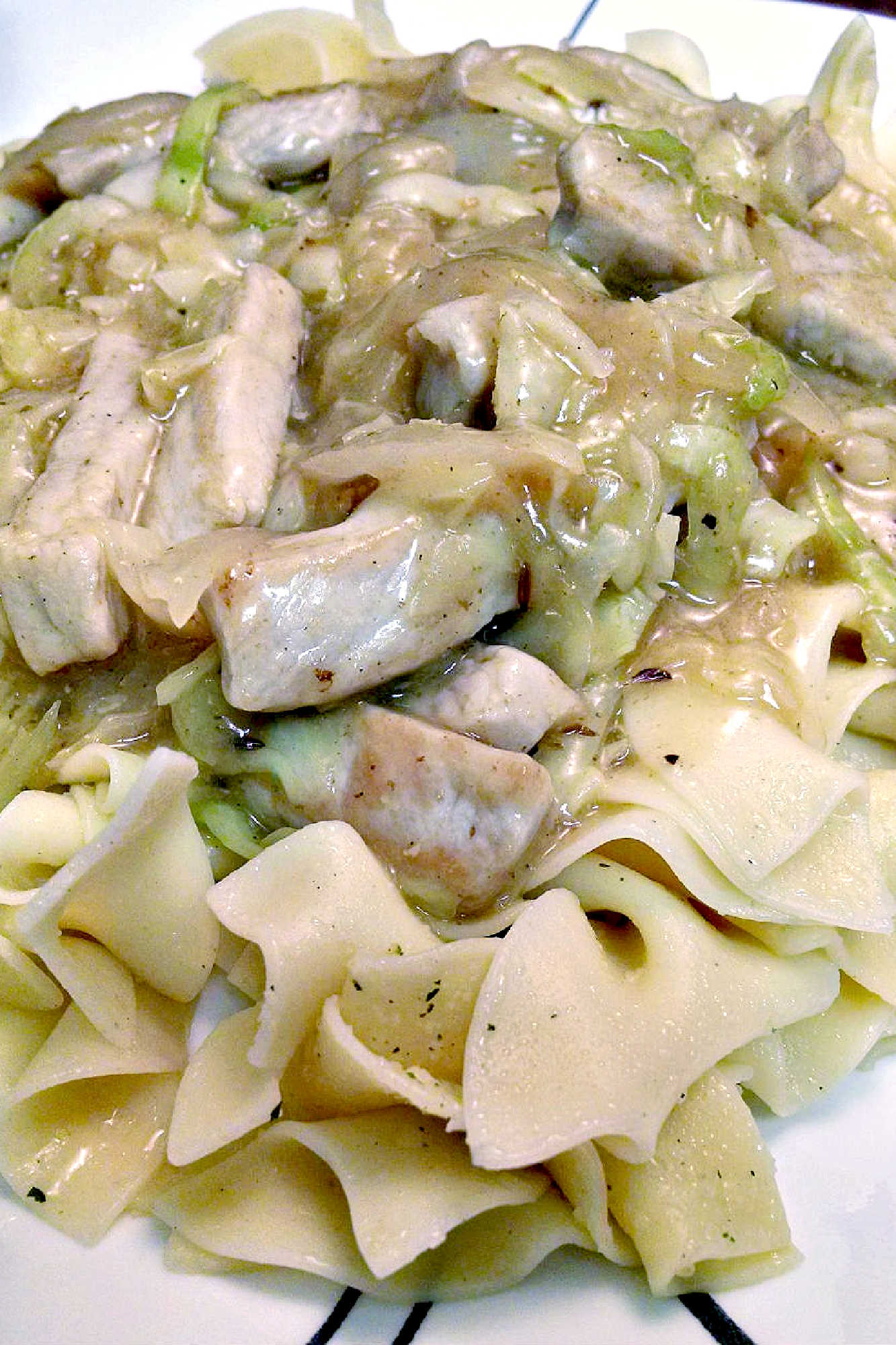 Pork and cabbage stir fried sitting on some noodles on a plate