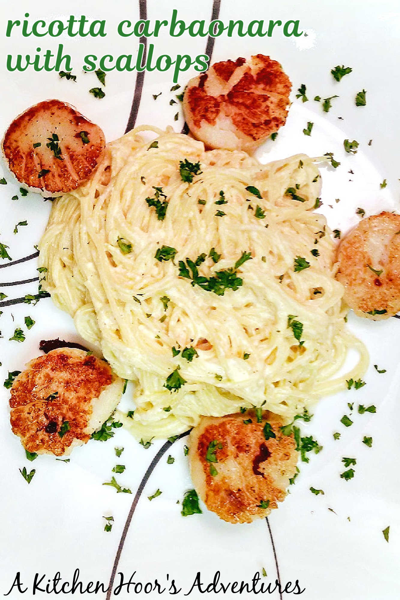 Ricotta Carbonara with seared scallops is the perfect marriage of flavors.  The succulently sweet scallops and the creamy carbonara are a heavenly combination of flavors. #RicottaCarbonara #Scallops #FoodieHeaven #Scallops #LuxuryEats #RicottaCarbonara #ScallopsTwoWays #PastaPerfection #SeafoodLoversUnite #HomemadeDinnerDelights
