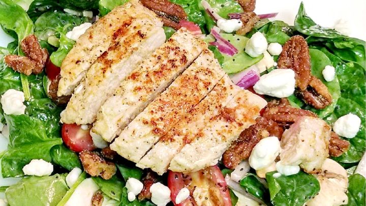 Switch up your salad game and make Spinach Salad with Pork. It is the perfect combo of moist and delicious pork, leafy greens, and pomegranate vinaigrette. #porkloversparadise #healthygreensalad #spinachobsession #eatyourgreens #foodforfuel #SpinachSensation #HealthyEatsDaily #SaladLoversUnite #LeafyGreens #SpinachSalad #Pork #Delicious #HealthyEating #PorkSalad #Yum #HealthyEats #Spinach #PorkPower