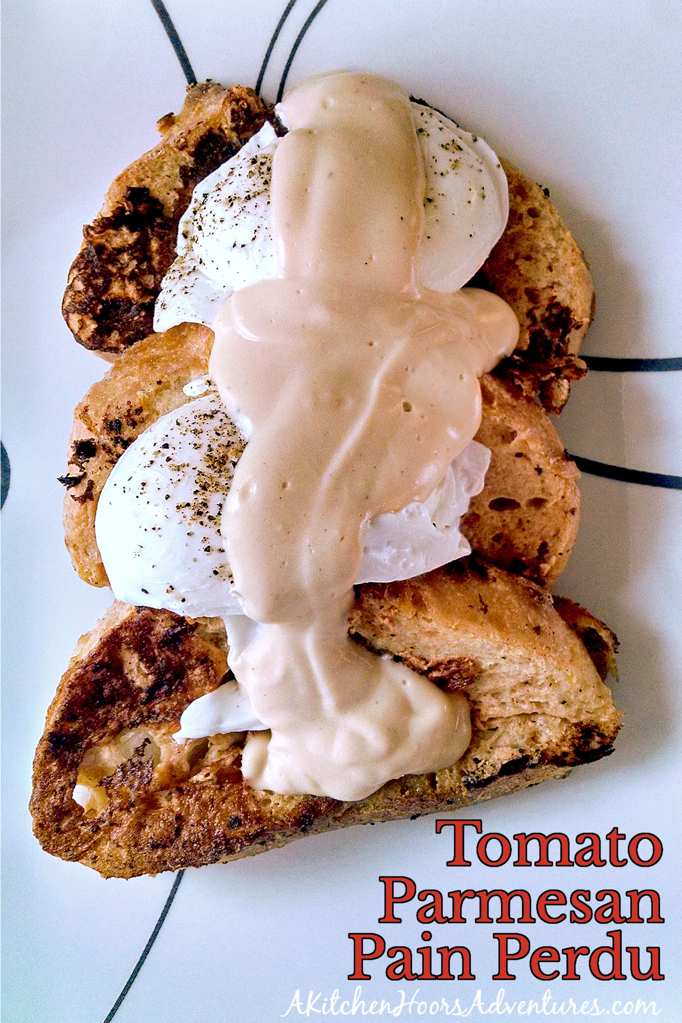 Savory French toast is not only different, but is amazingly tasty! This Tomato Parmesan Pain Perdu with Poached Eggs and Rarebit Sauce is hearty enough for any meat eater.