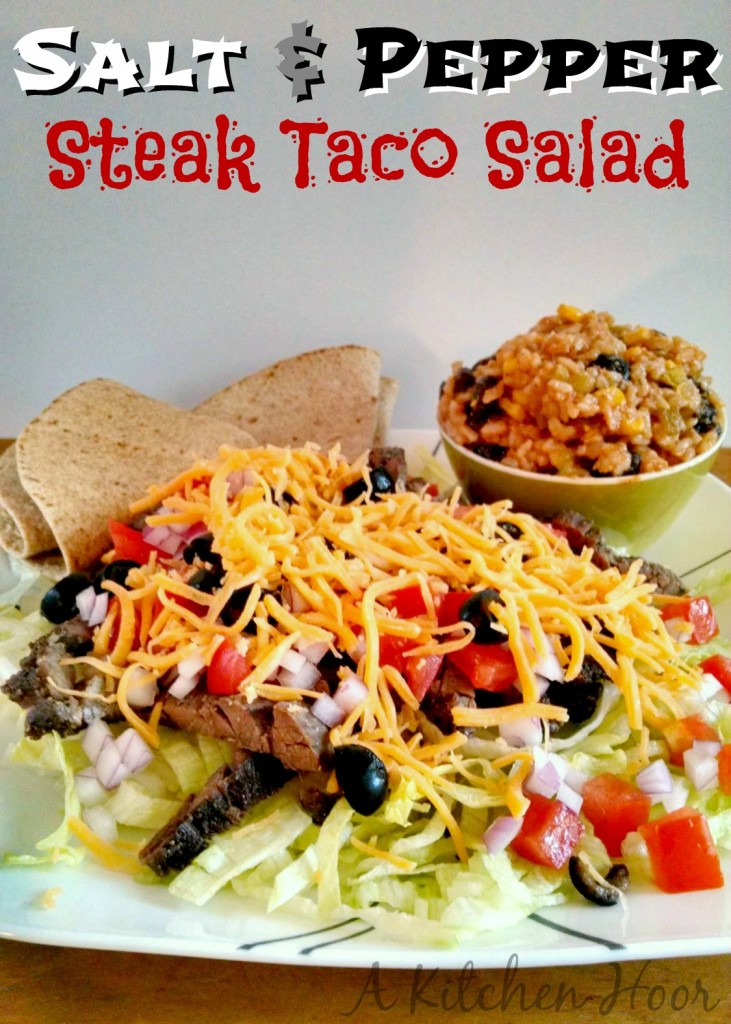 This Asian inspired twist on taco salad is fantastic!! The beef is marinated in a tequila soy mixture then broiled with a salt and pepper coating to make this delicious Salt & Pepper Steak Taco Salad.