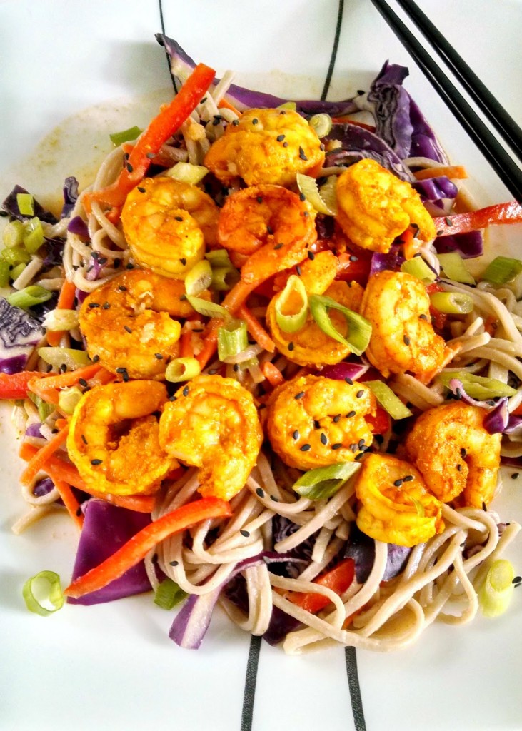 To keep the peanut dressing low fat, I've used PB2 powder in this Satay Shrimp and Udon Salad. You get all the peanut butter flavor without all the fat.