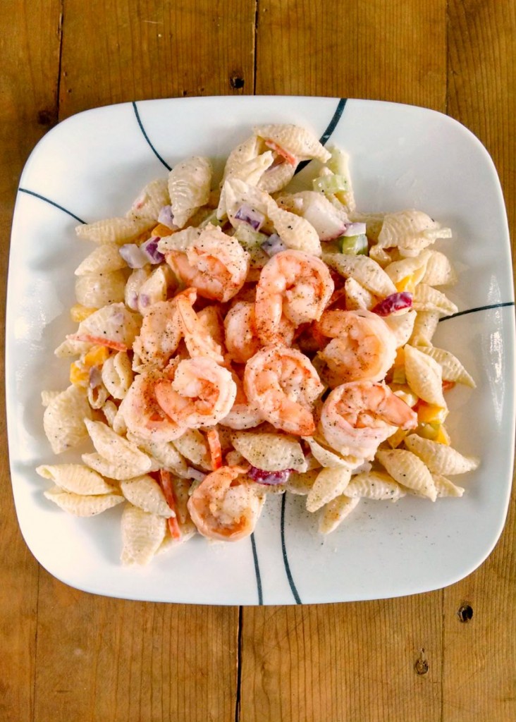 Scrumptious shrimp scampi tops this deliciously light and healthy Shrimp Scampi Pasta Salad.