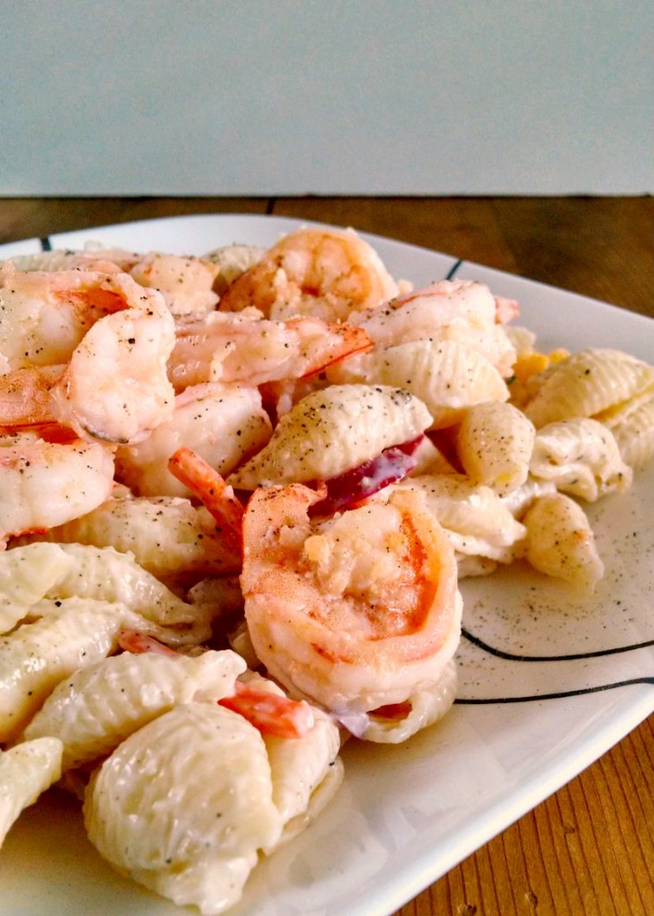 Scrumptious shrimp scampi tops this deliciously light and healthy Shrimp Scampi Pasta Salad.