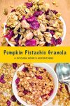 Pumpkin spice and everything nice, this Pumpkin Pistachio Granola is the perfect fall treat! Try it on top of yogurt or by itself for a delicious and healthy snack. #pumpkinpistachiogranola #fallflavors #healthybreakfast #veganrecipes #homemadegranola