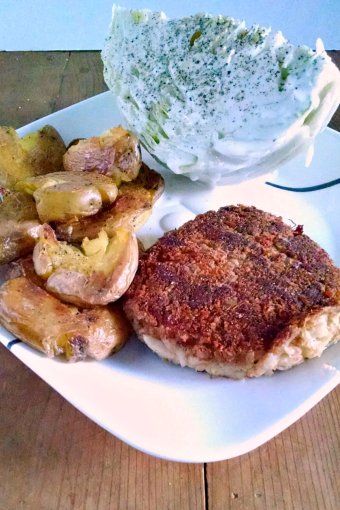 Parmesan Crusted Crab Cakes and Crispy Smashed Potatoes are super crispy and crunchy.