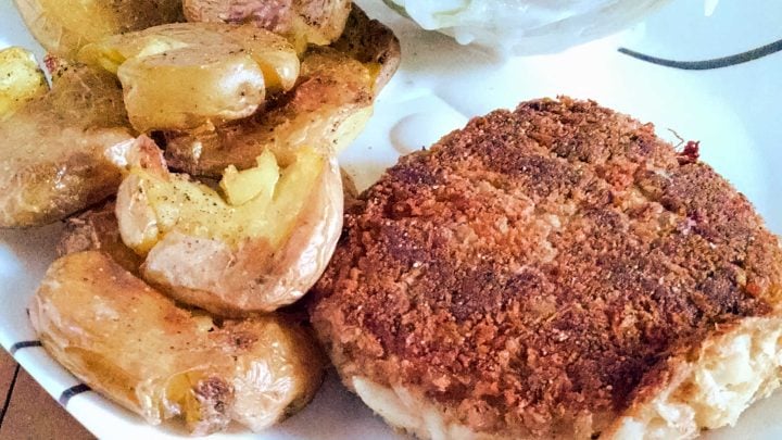 Parmesan Crusted Crab Cakes and Crispy Smashed Potatoes