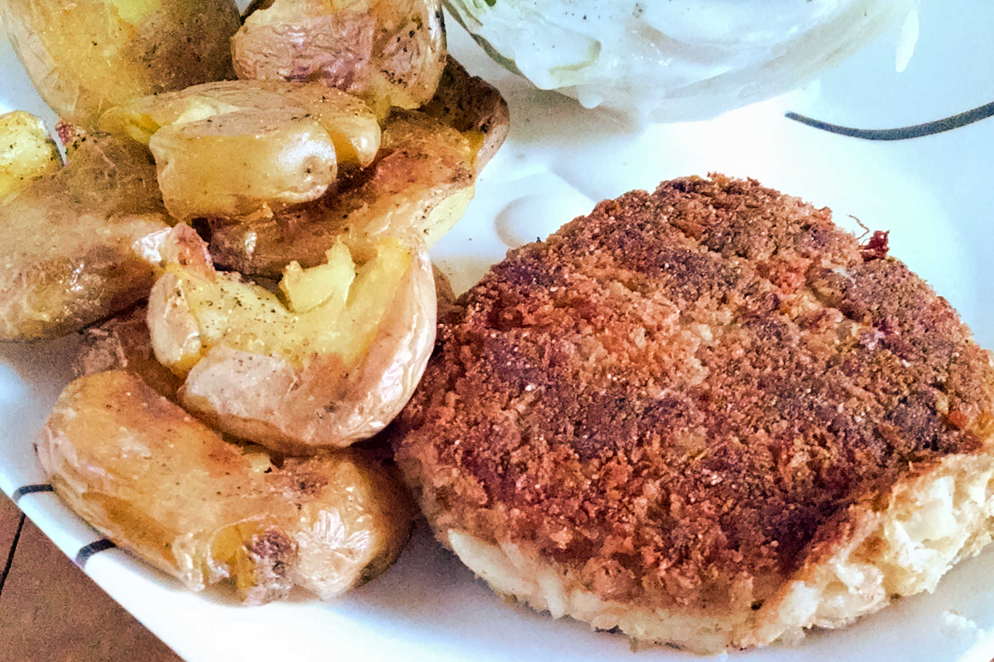 Parmesan Crusted Crab Cakes and Crispy Smashed Potatoes