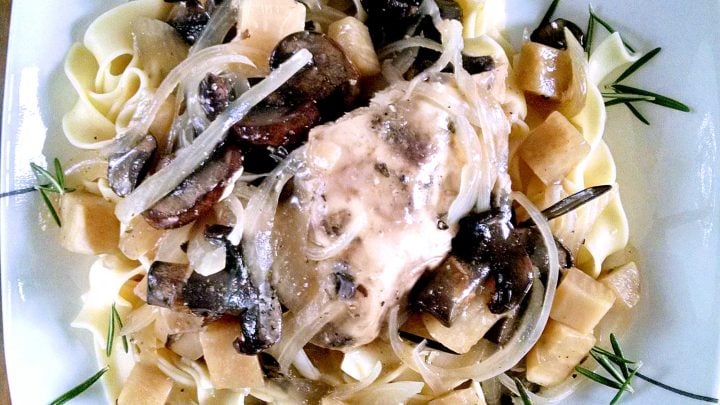 This hearty, slow cooked meal has turnips instead of potatoes. This root vegetable goes well with the earthy mushrooms and tender chicken in this Slow Cooker Chicken with Turnips and Mushrooms. #SlowCookerMonth