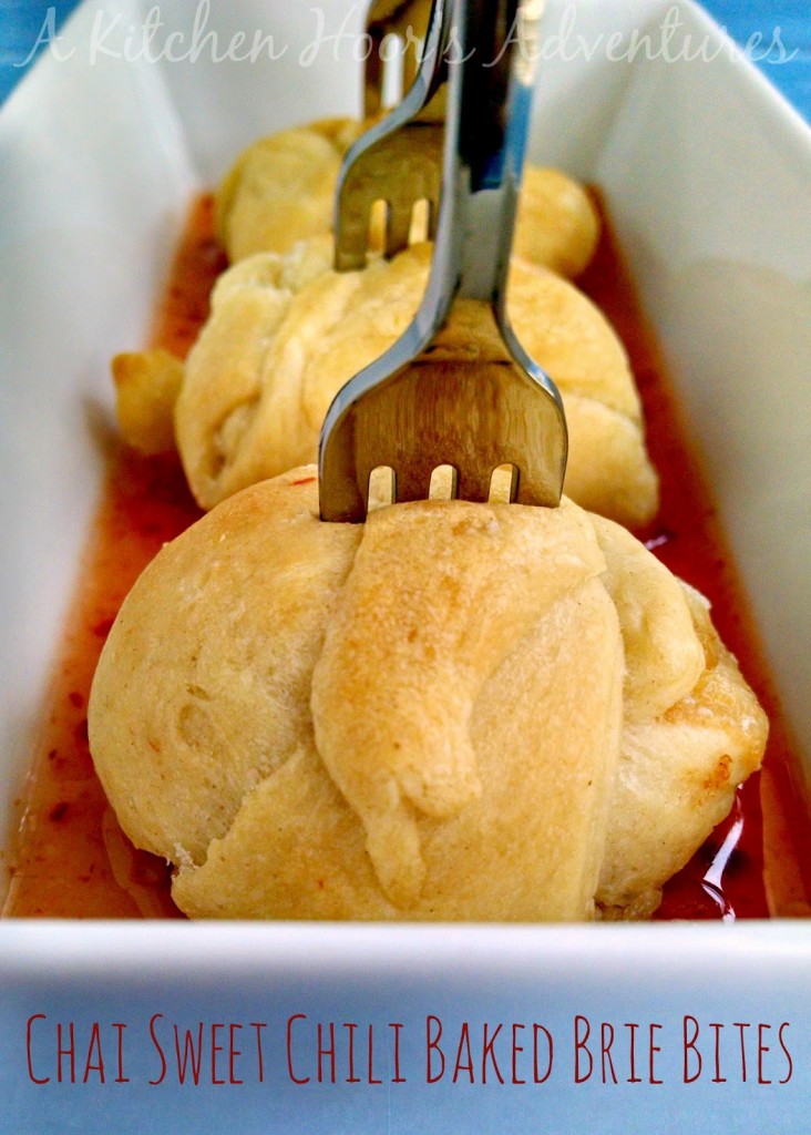 A Kitchen Hoor's Adventures - #TripleSBites Delicious chia sweet chili sauce is baked into crescent rolls with creamy brie. These Chai Sweet Chili Baked Brie Bites assemble in no time for quick and delicious nibbles.