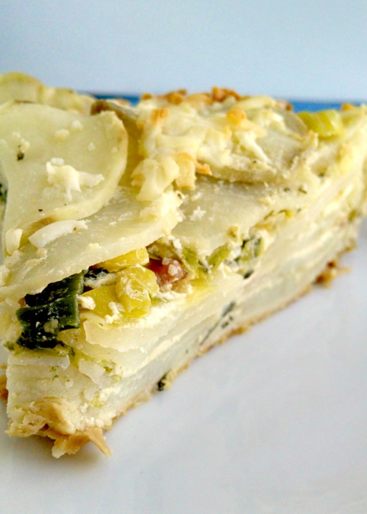 A Kitchen Hoor’s Adventures | Potato Leek Pie - A #MeatlessMonday #StPatricksDay Recipe - Just in time for St. Patrick's Day, this tender and flaky pie is filled with hearty potato goodness, subtle leeks, and scrumptious cheese.