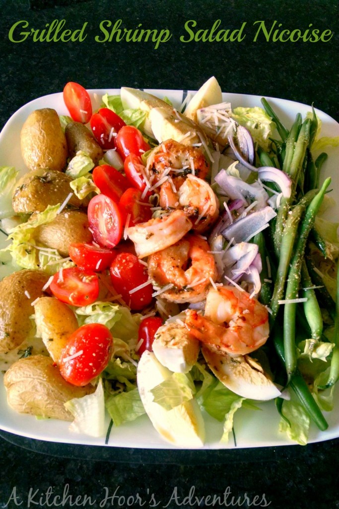 Grilled Shrimp Salad Nicoise is topped with shrimp instead of tuna; making for a delicious twist to this hearty salad.