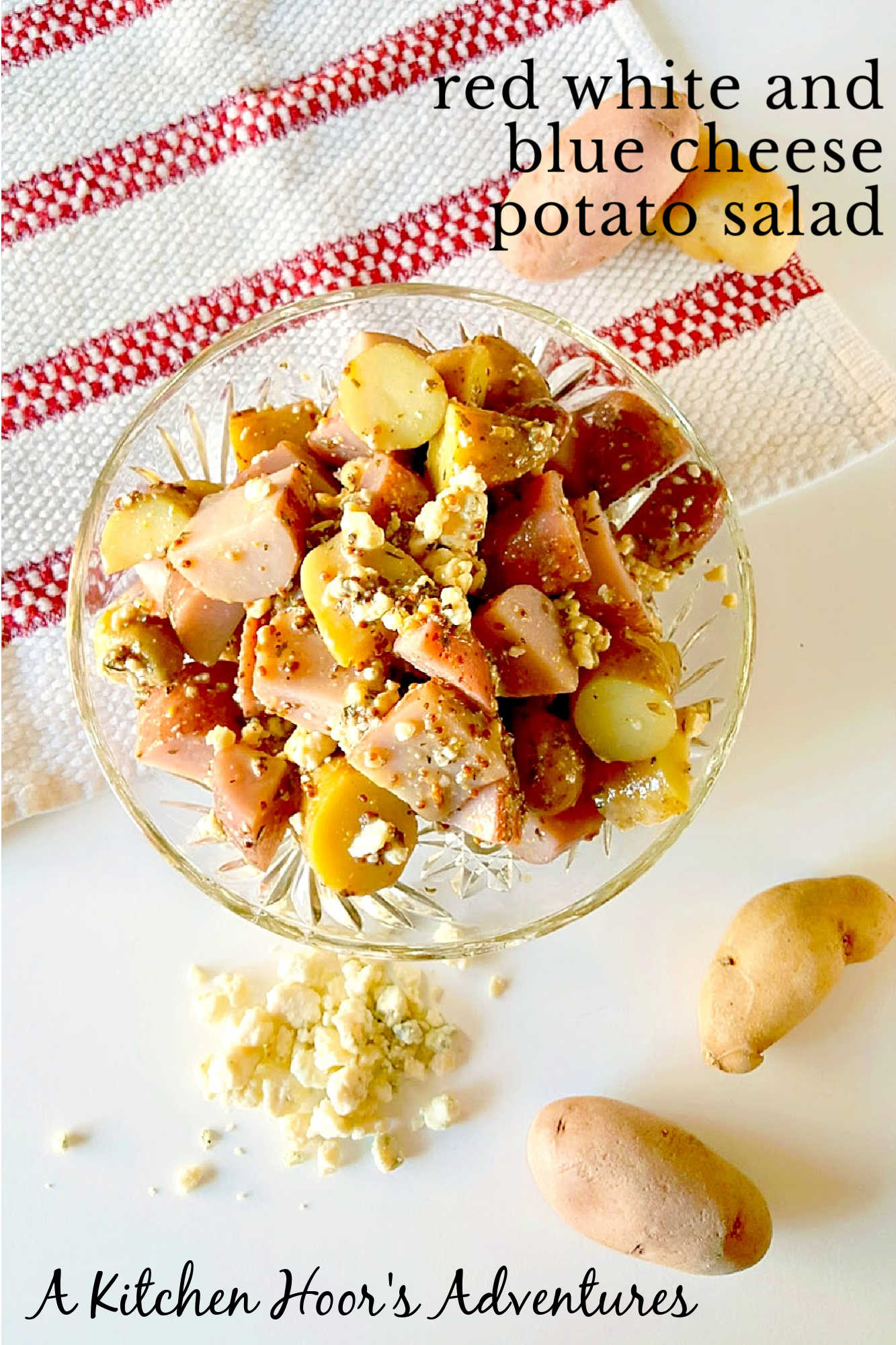 Forget the traditional mayo potato salad and try this irresistible Red White and Blue Cheese Potato Salad!  It will satisfy your #FourthofJuly cravings with creamy potatoes and tangy blue cheese. #potatosalad #bluecheese #vinaigrette #nomayopotatosalad