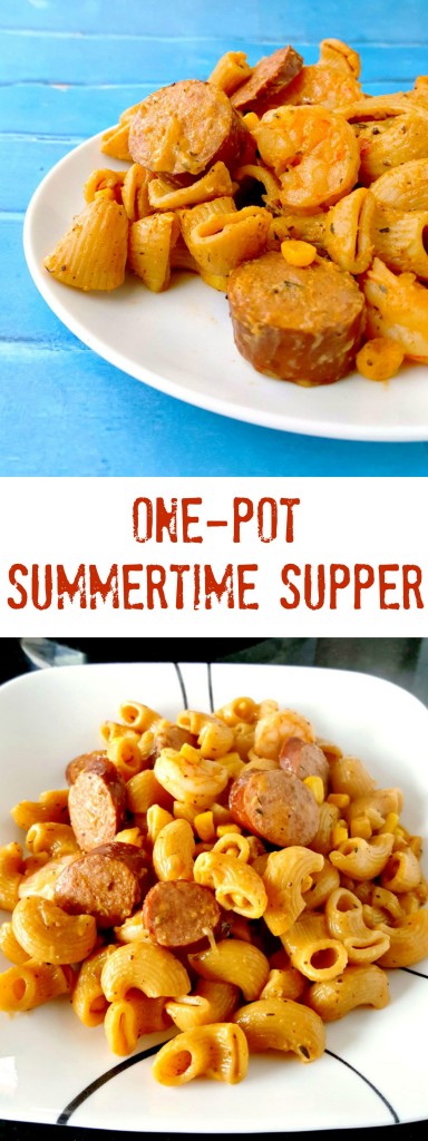 One-Pot Summertime Supper reminds me of summers on the beach cooking up a Lowcountry Boil. Shrimp, sausage, and corn are simmered with pasta in this delicious, one pot meal.