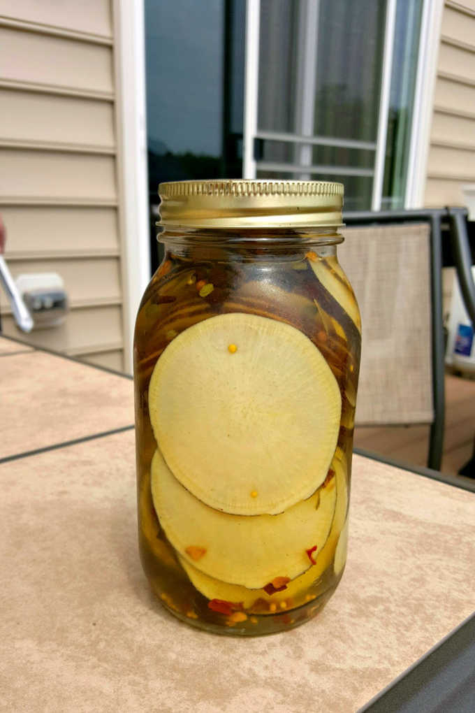 Black Radish Pickles are perfectly spicy for #SundaySupper Saving Summer Harvest. They have a sweet and spicy kick from the brine and delicious heat from the radishes.