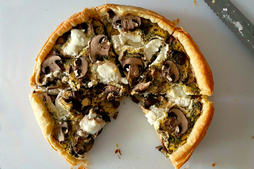 Earthy mushrooms pair perfectly with puff pastry and goat cheese in this #meatfree, Mushroom and Goat Cheese Tart. Prep the vegetables the day before to make this a simple and easy brunch or #MeatlessMonday meal.