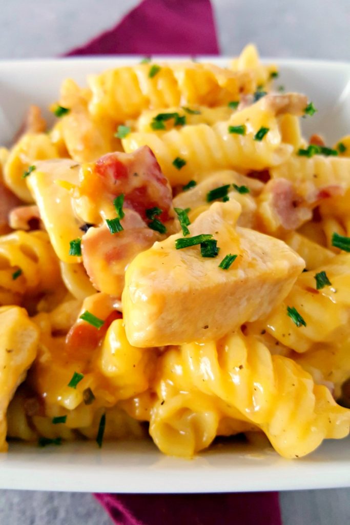 Just like a chicken club sandwich, this Chicken Club Pasta has chicken, bacon, and cheddar cheese in it. Not only is it delicious, but it's kid friendly and budget friendly.