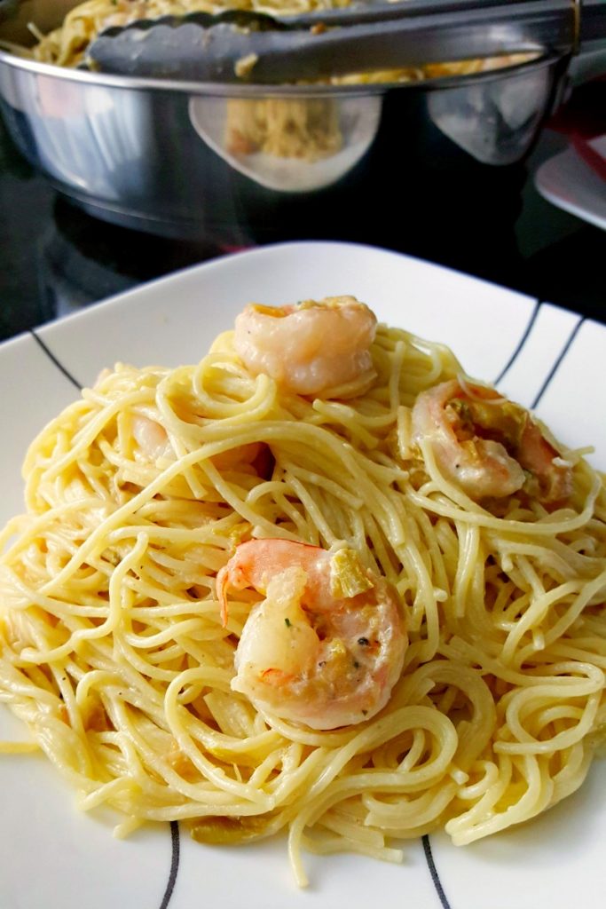 Pasta Carbonara with Shrimp and Leeks is a fast paced recipe that tastes amazing and is on the table super quick! 