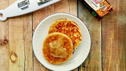 Chipotle Cheddar Crumpets with Candied Vidalia Onions