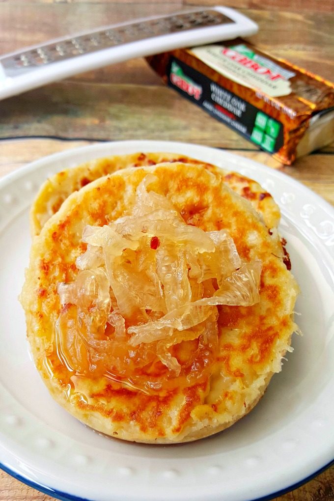 These Chipotle Cheddar Crumpets with Candied Vidalia Onions are not your granny’s recipe! The Cabot cheddar, Vidalia onions, and stellar Red Star Yeast all come together in these non-traditional crumpets. #BrunchWeek @AKitchenHoor