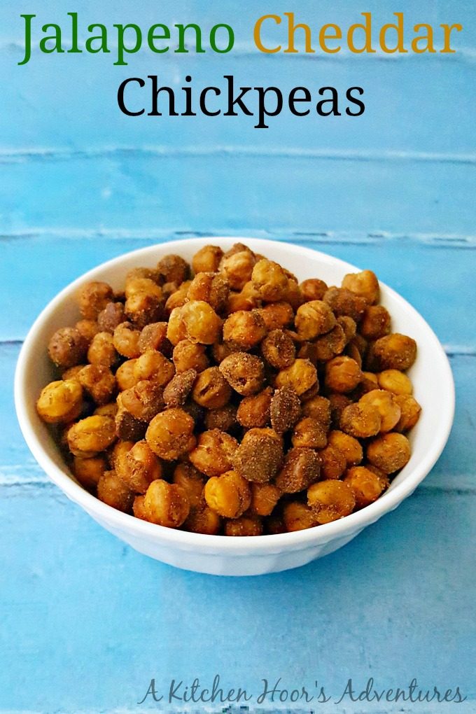 Jalapeno Cheddar Chickpeas curb the crunch craving, the cheese craving, and spice craving all in one snack. #SundaySupper @AKitchenHoor