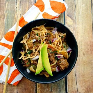 Tex-Mex Pad Thai mashes spicy taco beef with Thai rice noodles makes for an amazing and quick weeknight meal that your family will love.