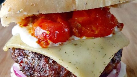 Image for Greek Lamb Burgers with Blistered Tomatoes and Tzatziki Spread