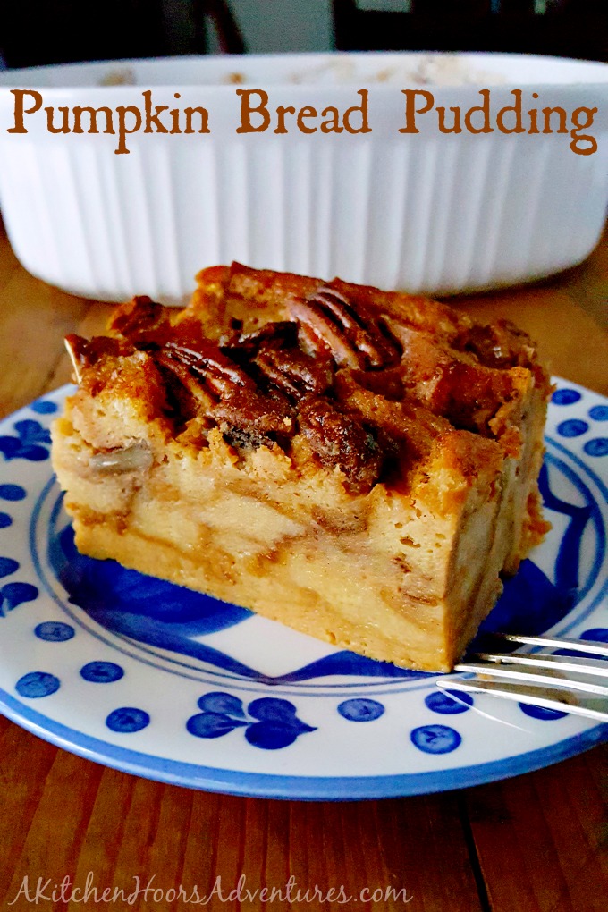Baked donuts turned bread pudding, this Pumpkin Bread Pudding is fall in a pan with pockets of caramel bits and crunchy pecans on top! Perfect ending to #PumpkinWeek.