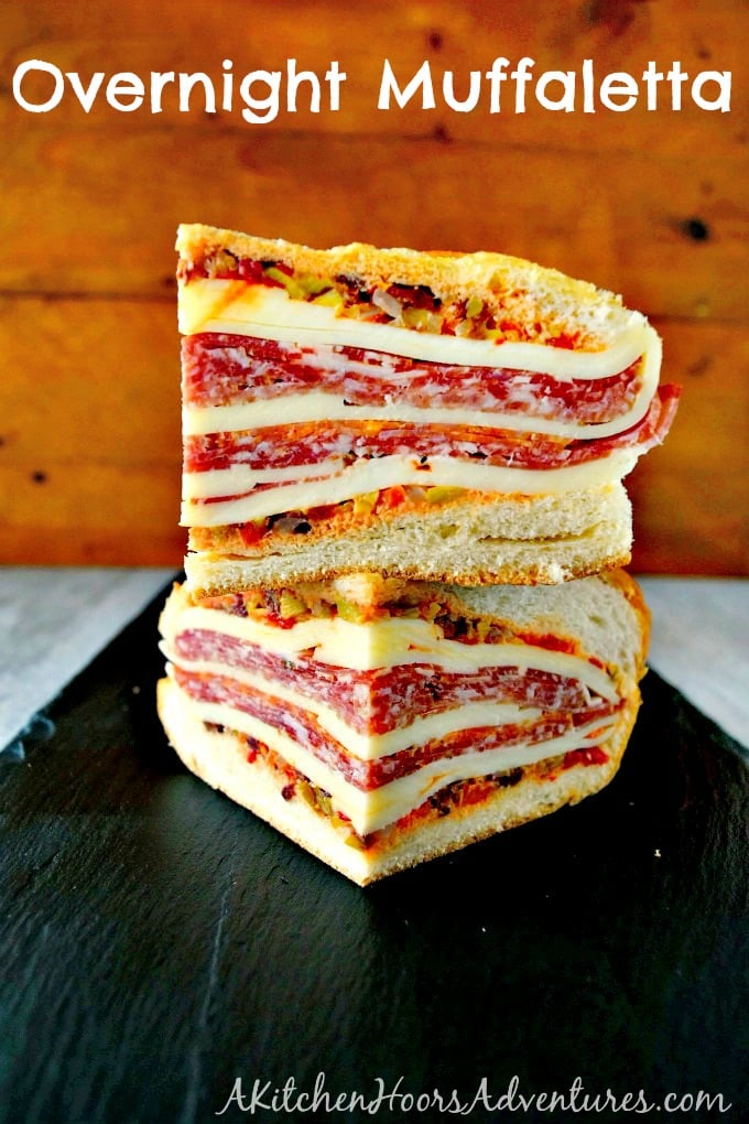 This is a muffaletta you could easy make for a crowd or a picnic. Overnight Muffaletta Sandwich is quick to make but tastes oh so delicious! Laissez les bons temps rouler!! #OvernightMuffaletta #SandwichSavant #MuffalettaMania #FoodieFaves #picnicsandwich #pressedsandwich
