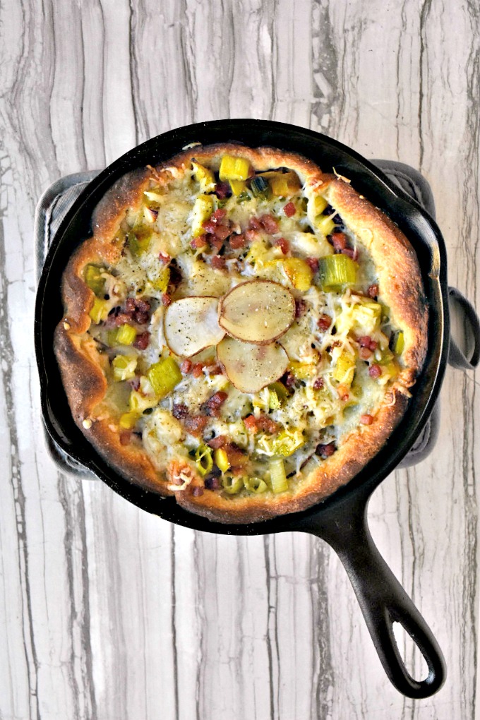 Potato Leek Skillet Pizza packs amazing flavor in a small package. All the delicious flavors are used in moderation for this crispy crusted appetizer or main dish pizza.