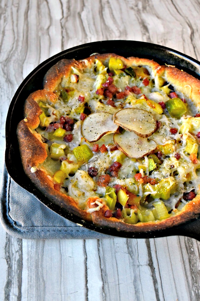 Potato Leek Skillet Pizza packs amazing flavor in a small package. All the delicious flavors are used in moderation for this crispy crusted appetizer or main dish pizza.