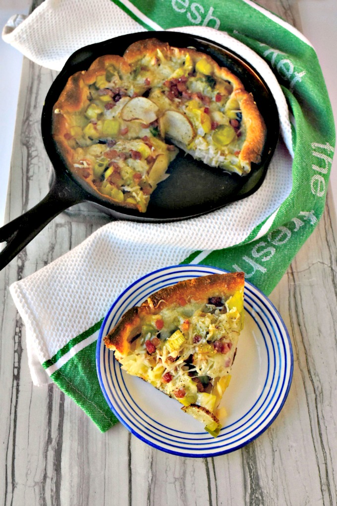 Potato Leek Skillet Pizza packs amazing flavor in a small package. All the delicious flavors are used in moderation for this crispy crusted appetizer or main dish pizza.