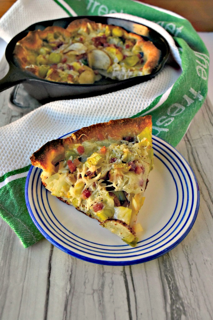 Potato Leek Skillet Pizza packs amazing flavor in a small package. All the delicious flavors are used in moderation for this crispy crusted appetizer or main dish pizza.